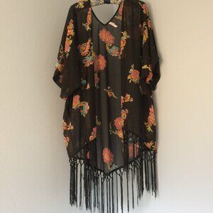 Xhilaration Women's M/L Black Floral Sheer Kimono Cover Up With Fringe Detail